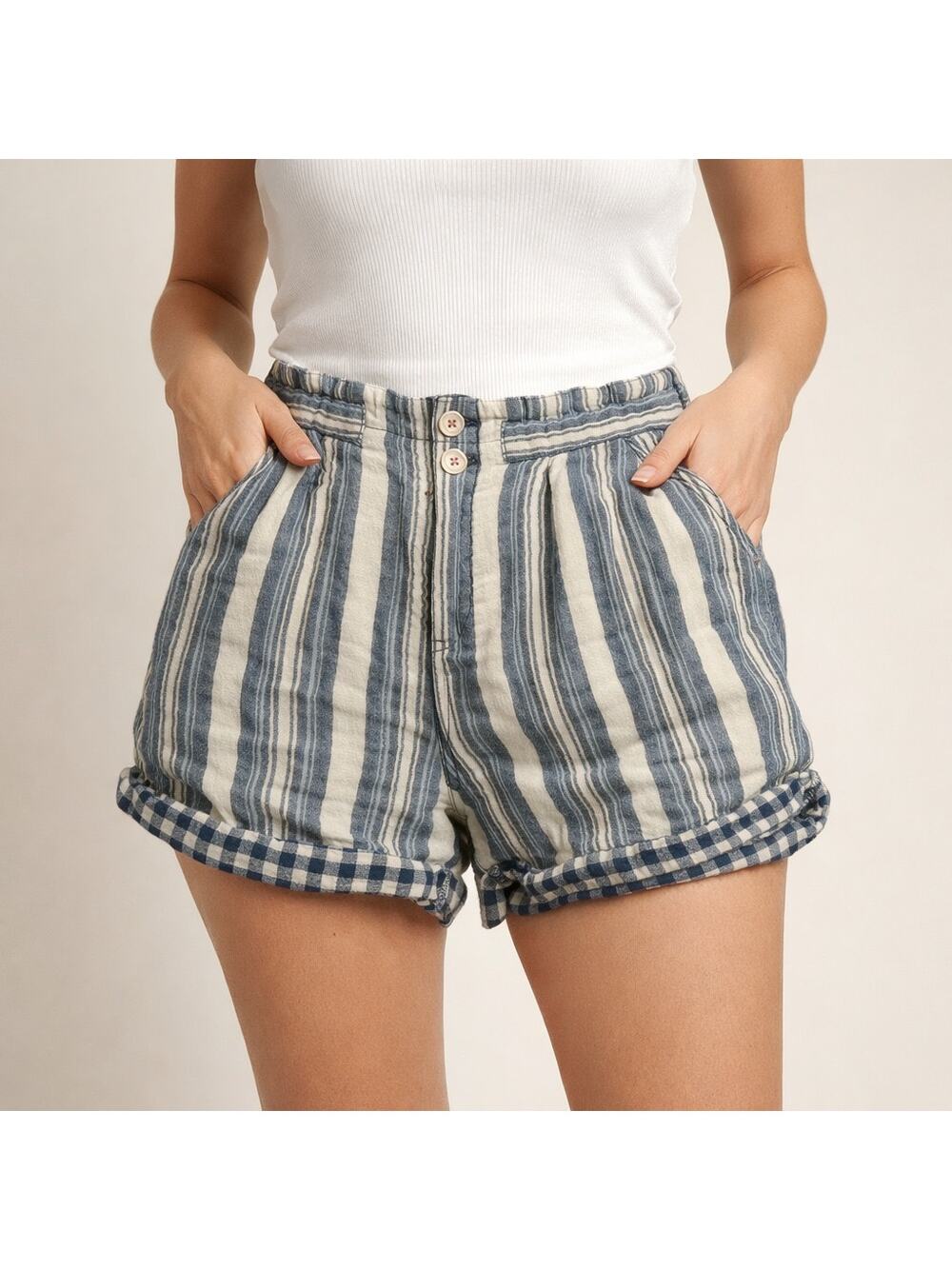 Anthropologie Pilcro  blue striped high waisted shorts with gingham hem Women 25